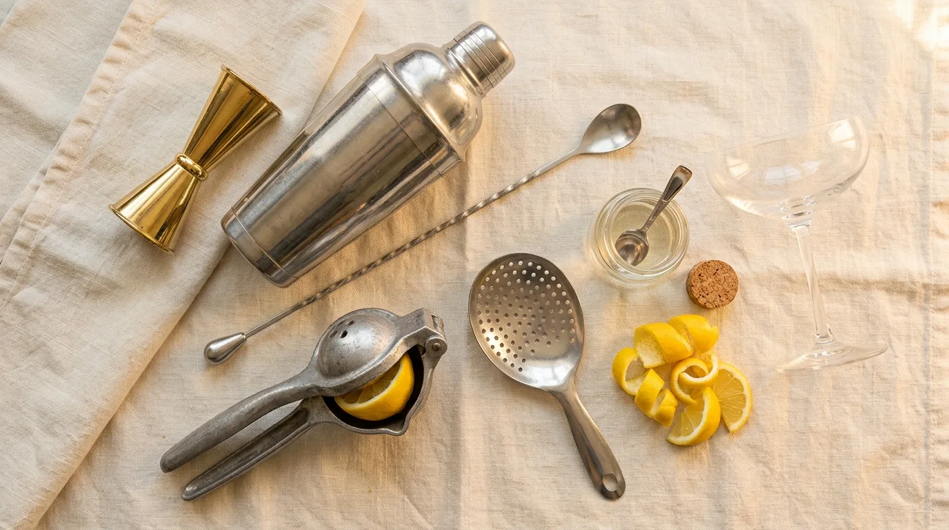 Overhead view of bar tools on a cream linen cloth: a gold jigger, a shaker tin, a bar spoon, a citrus press, a jar of simple syrup, and neatly cut lemon twists.