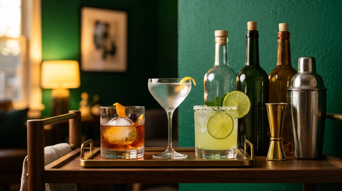 A home bar cart in warm evening light with an amber old fashioned, a clear martini, and a lime-garnished margarita lined up beside a gold jigger and shaker.