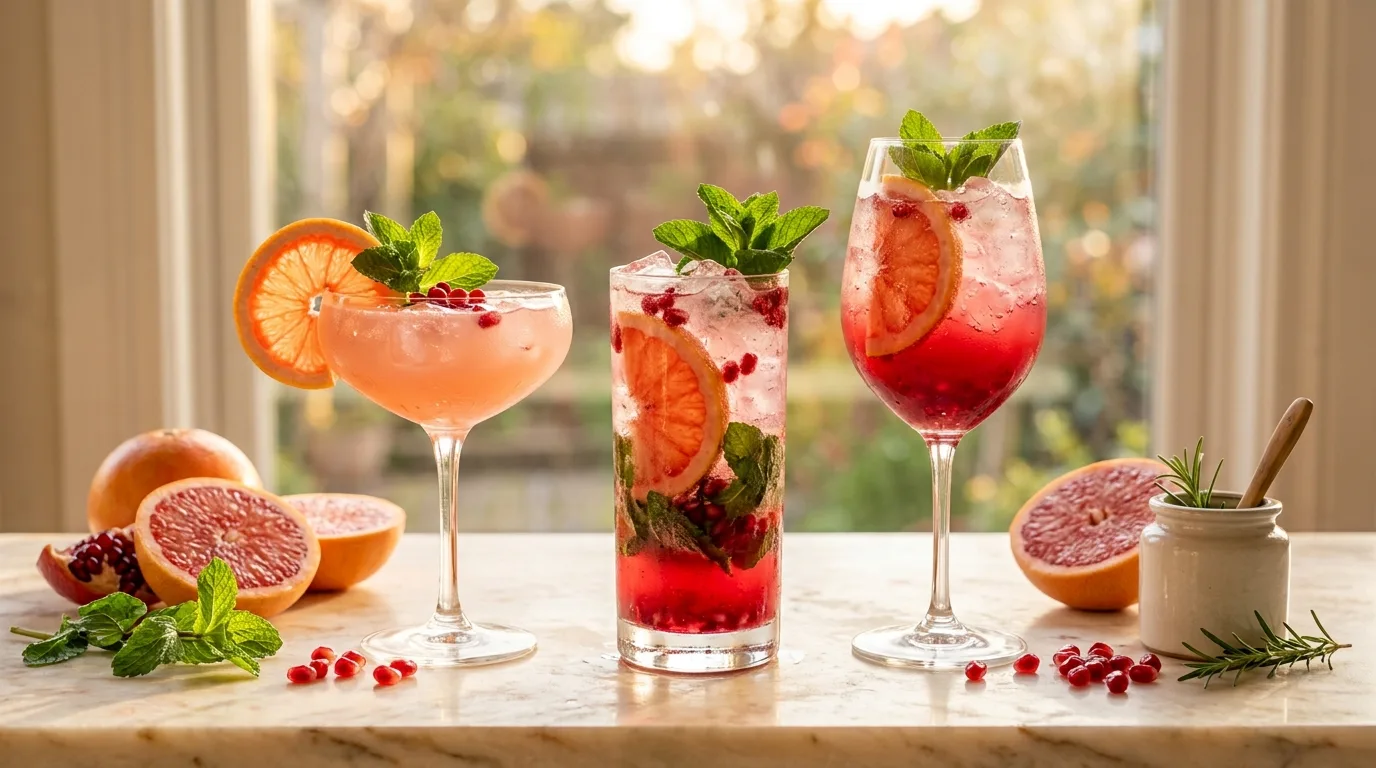 Three blush-pink and ruby mocktails in coupe and highball glasses with grapefruit wheels, fresh mint, and crushed ice on a cream marble counter in golden light.