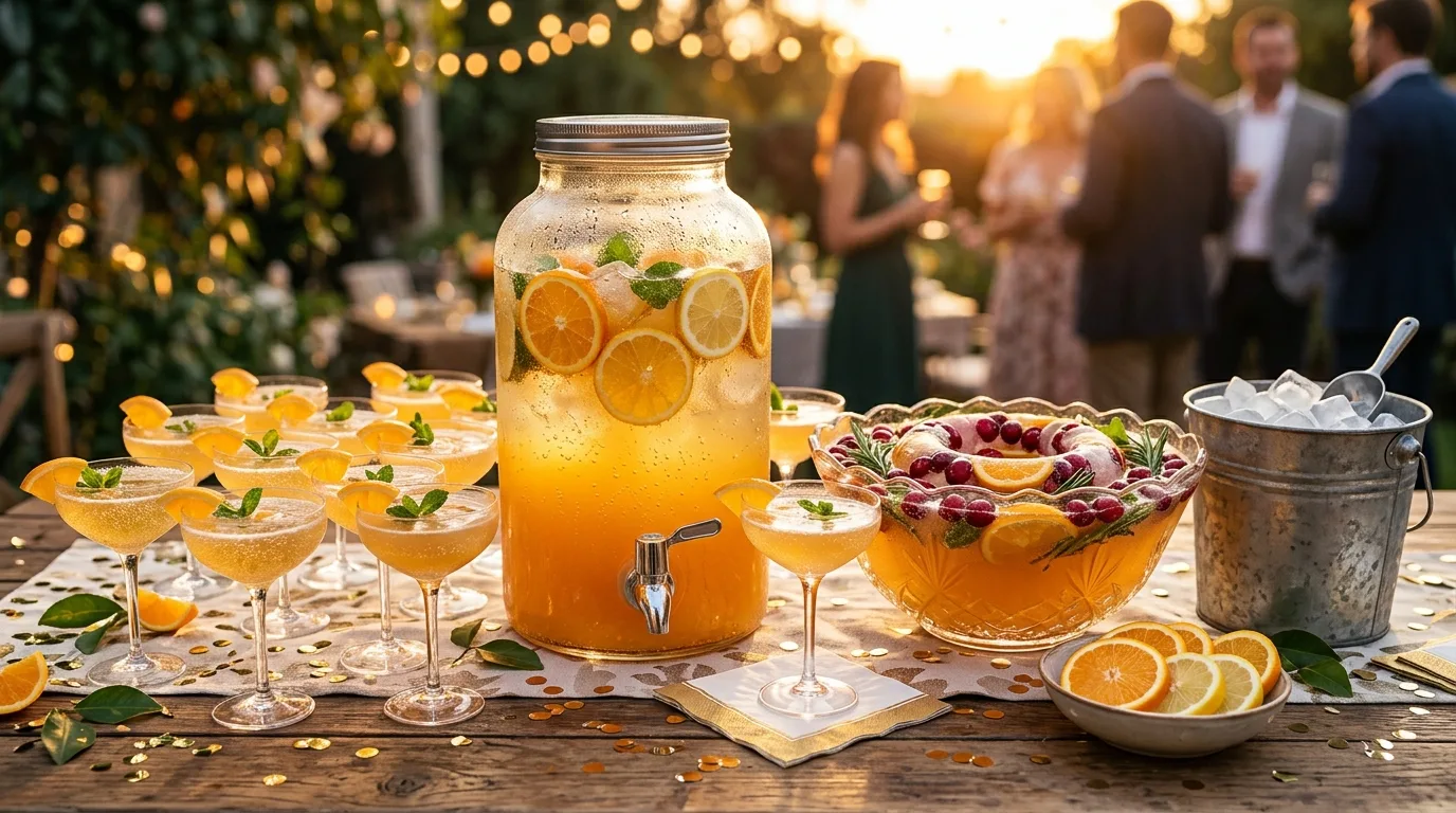 A glass drink dispenser of sparkling citrus punch surrounded by filled coupes, sliced oranges, and a bowl of ice on a party table with gold confetti.