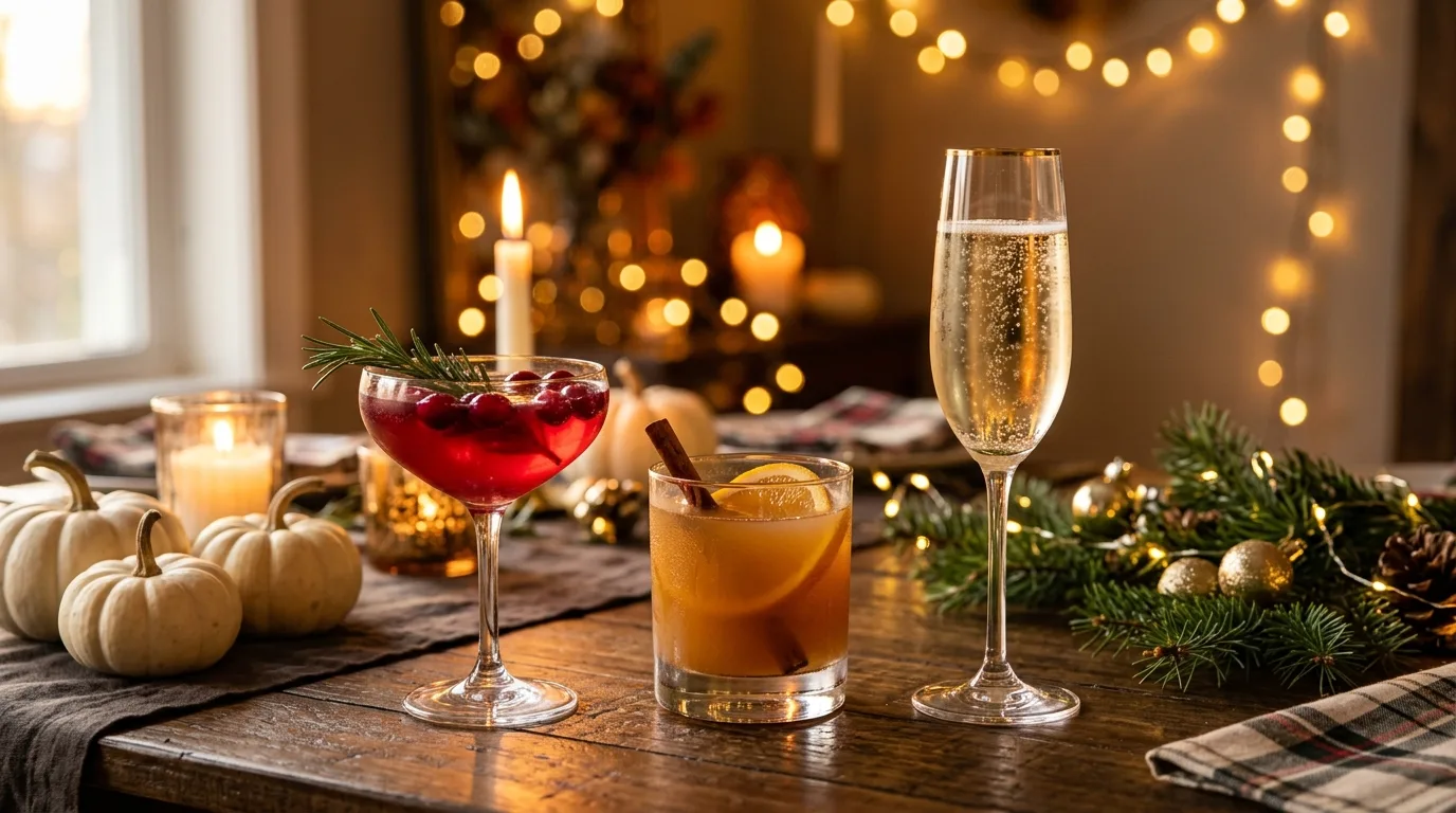 A row of festive drinks on a candlelit table: a cranberry coupe with rosemary, a spiced apple cider rocks glass, and a sparkling flute, with warm string lights behind.